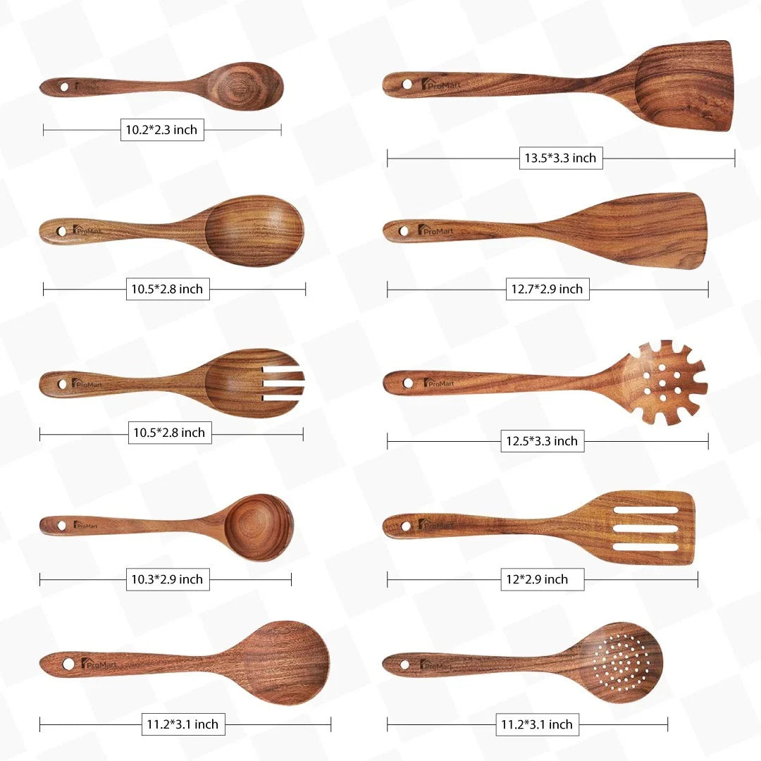 10-Piece Teak Wood Cooking Utensils Set - Sturdy, Lightweight & Heat-Resistant