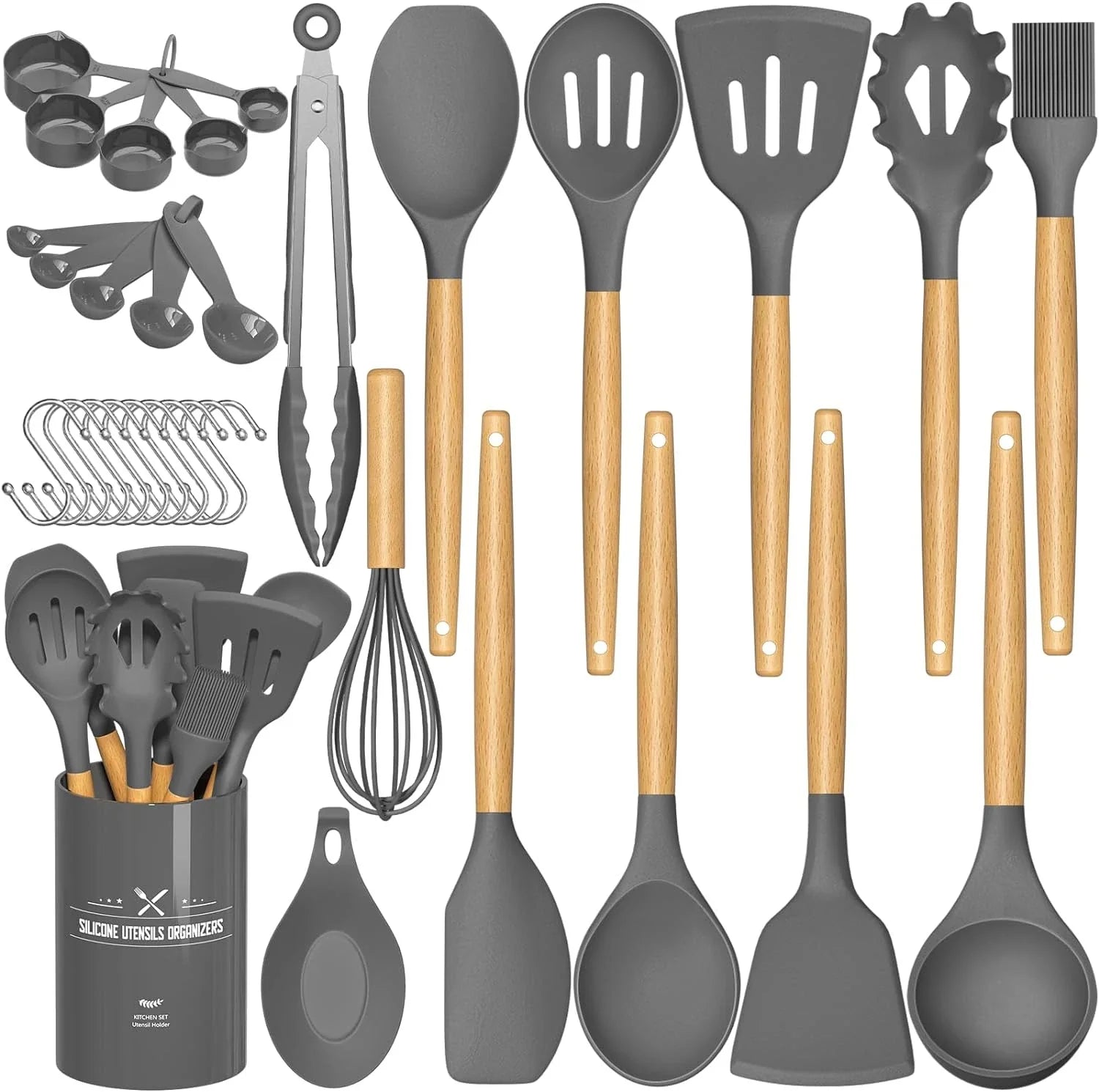 33 Pcs Non-Stick Silicone Cooking Utensils Set with Holder and Wooden Handle