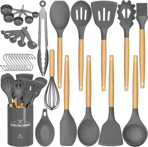 33 Pcs Non-Stick Silicone Cooking Utensils Set with Holder and Wooden Handle
